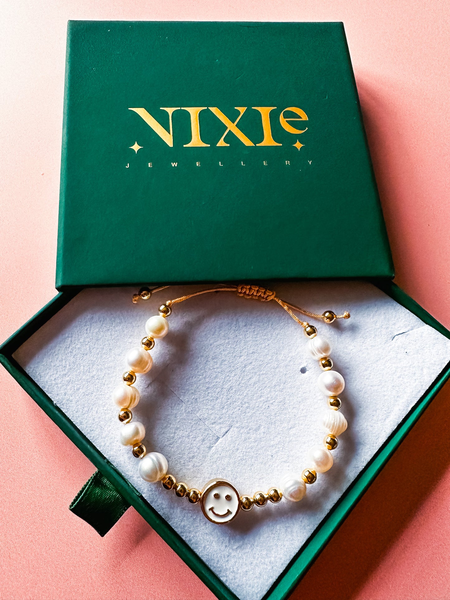 Gold Plated Beaded Faux Pearl Smiley Bracelet | Beaded Adjustable String Stacking Bracelet | Boho Hippie Cute Bracelet