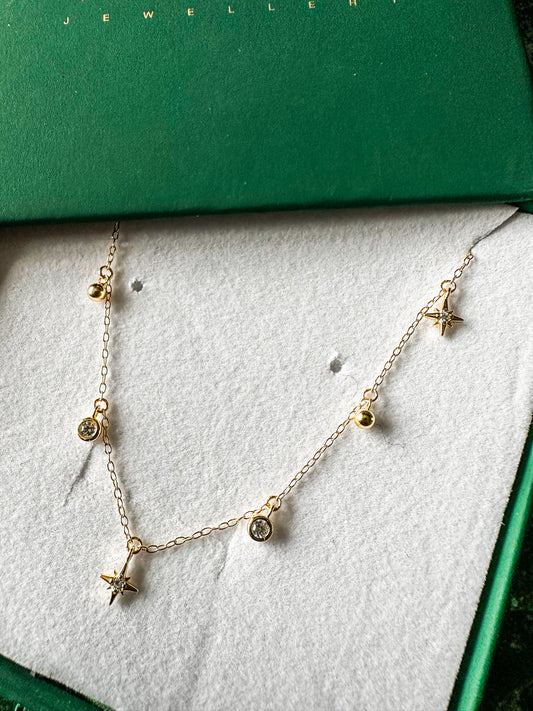 Moon & Stars Diamond Style 18K Gold Plated Sterling Silver 18" Necklace | Delicate Gold Diamond Style Necklace