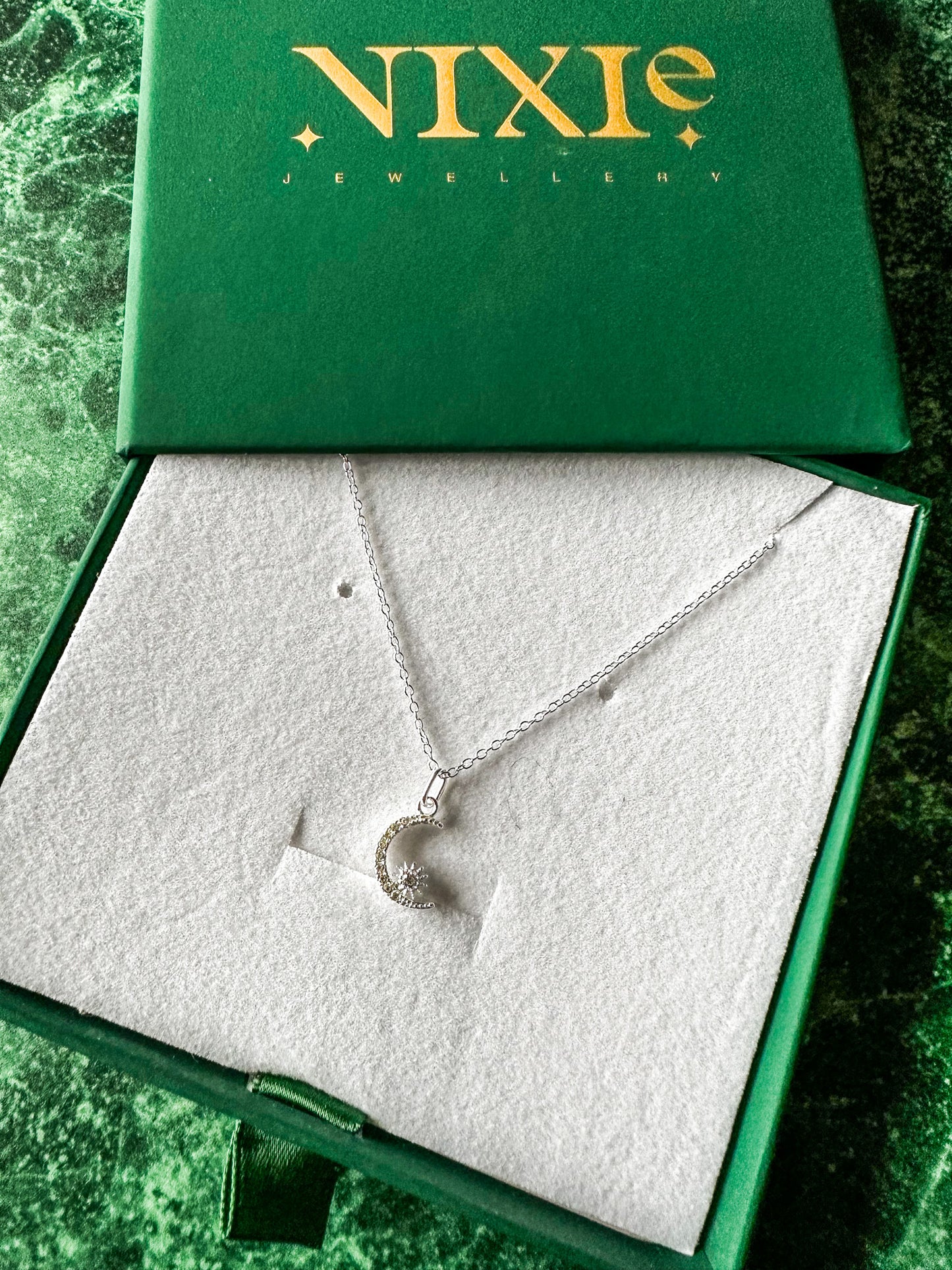 Diamond Style Moon & Star Sterling Silver 18" Necklace | Delicate Style Necklace