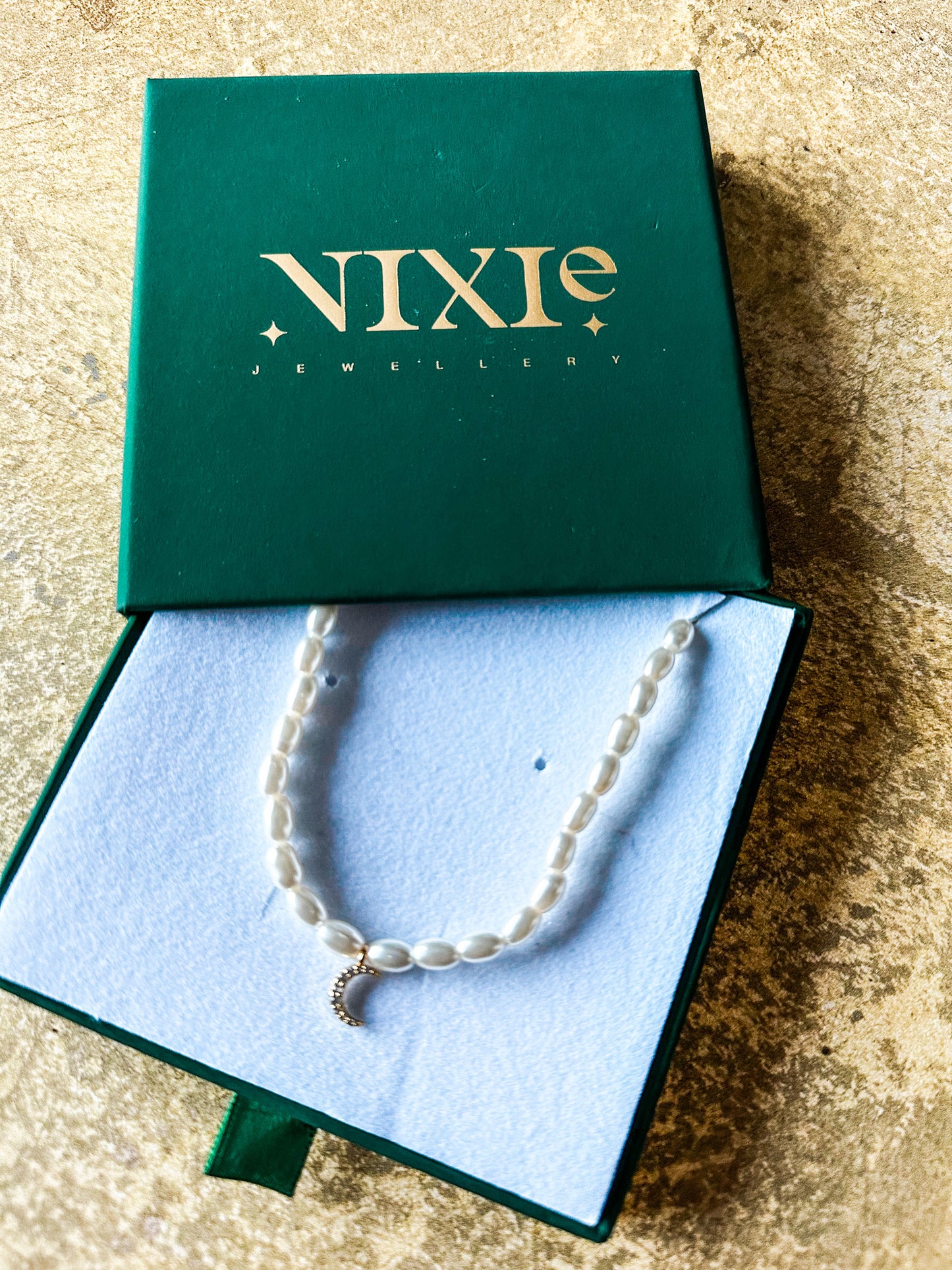 Faux Pearl Diamond Style Crescent Moon 18K Gold Plated Sterling Silver Adjustable 16" - 18" Necklace | Dainty Style Necklace