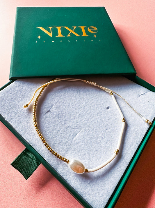 Gold + White Bead Faux Pearl Adjustable Bracelet | Beaded Adjustable String Stacking Bracelet | Boho Hippie Cute Bracelet