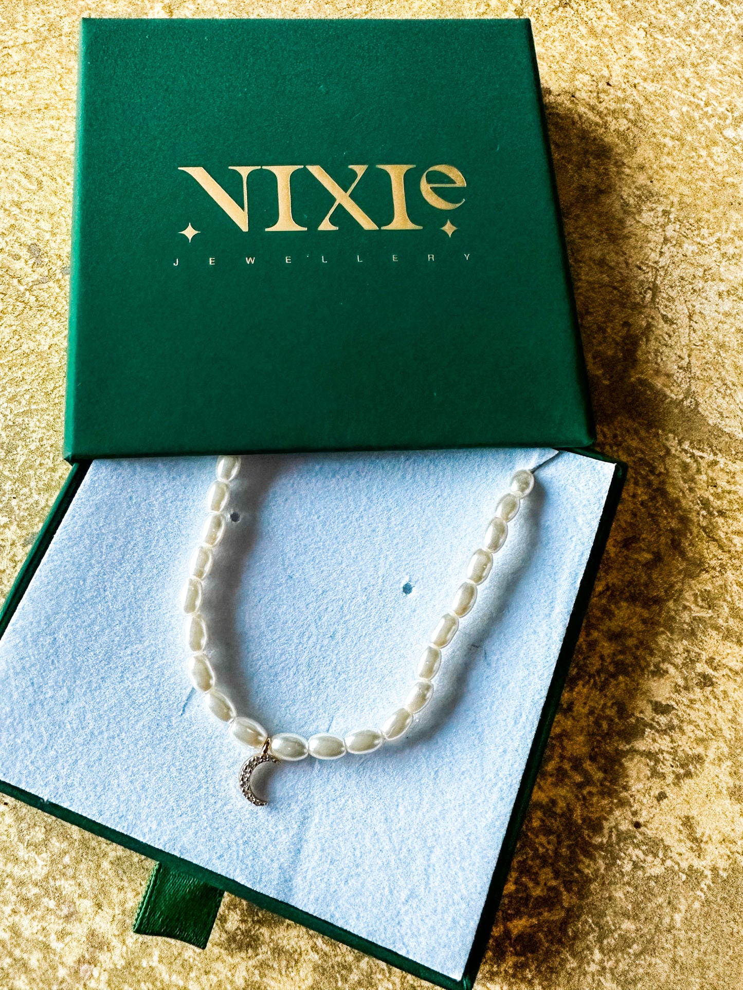 Faux Pearl Diamond Style Crescent Moon 18K Gold Plated Sterling Silver Adjustable 16" - 18" Necklace | Dainty Style Necklace