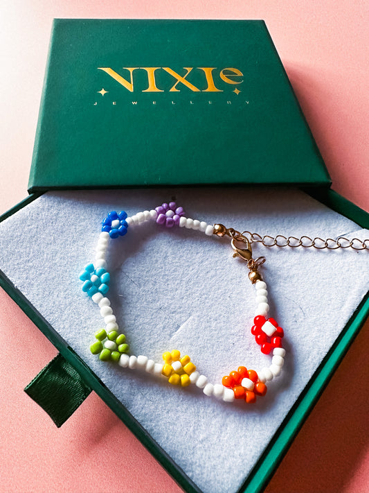 Multicolour Rainbow Beaded Flower Bracelet | Beaded Adjustable Stacking Bracelet | Boho Hippie Cute Bracelet