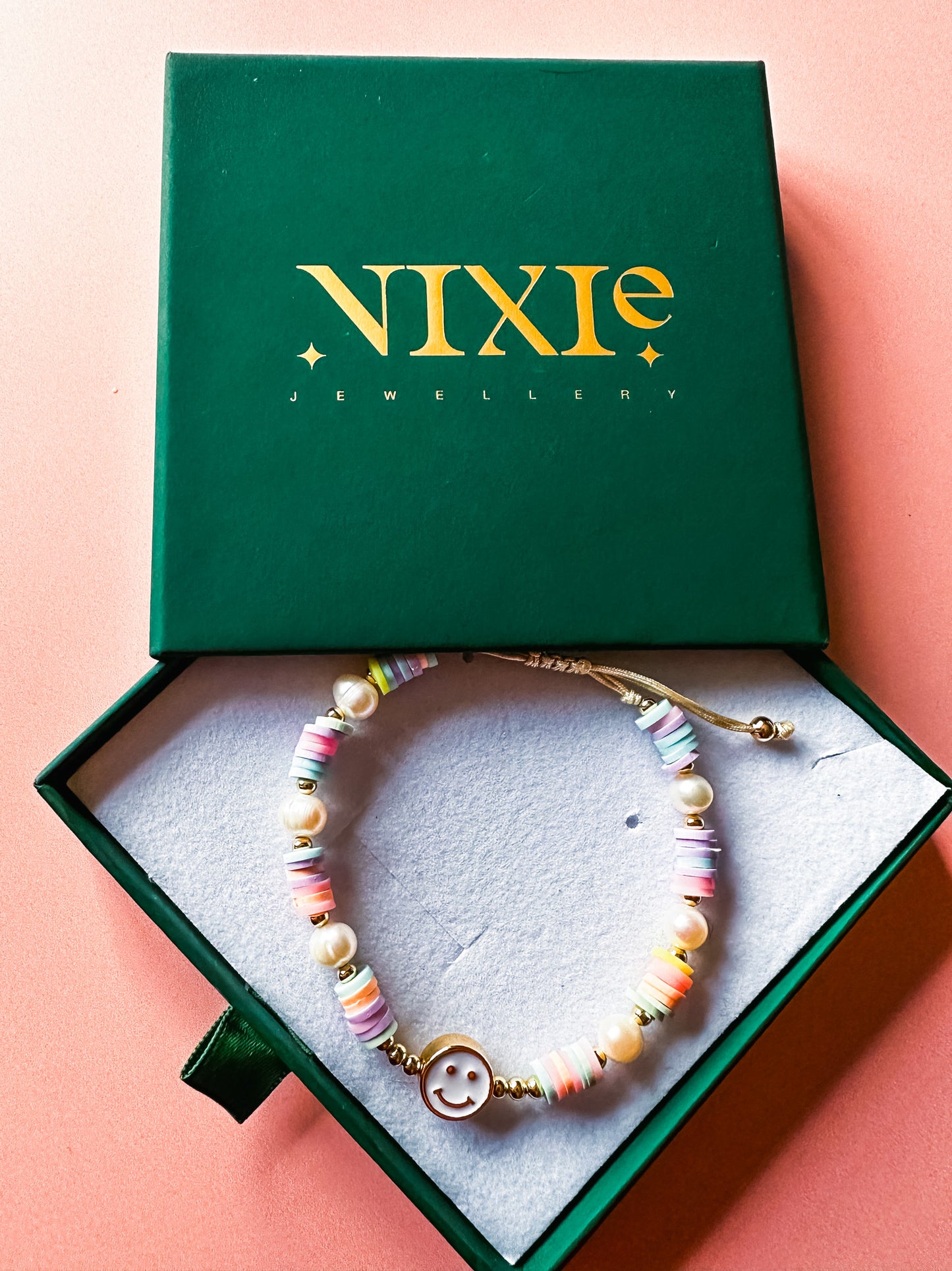 Pastel Rainbow Bead Gold Plated Faux Pearl Smiley Bracelet | Beaded Adjustable String Stacking Bracelet | Boho Hippie Cute Bracelet