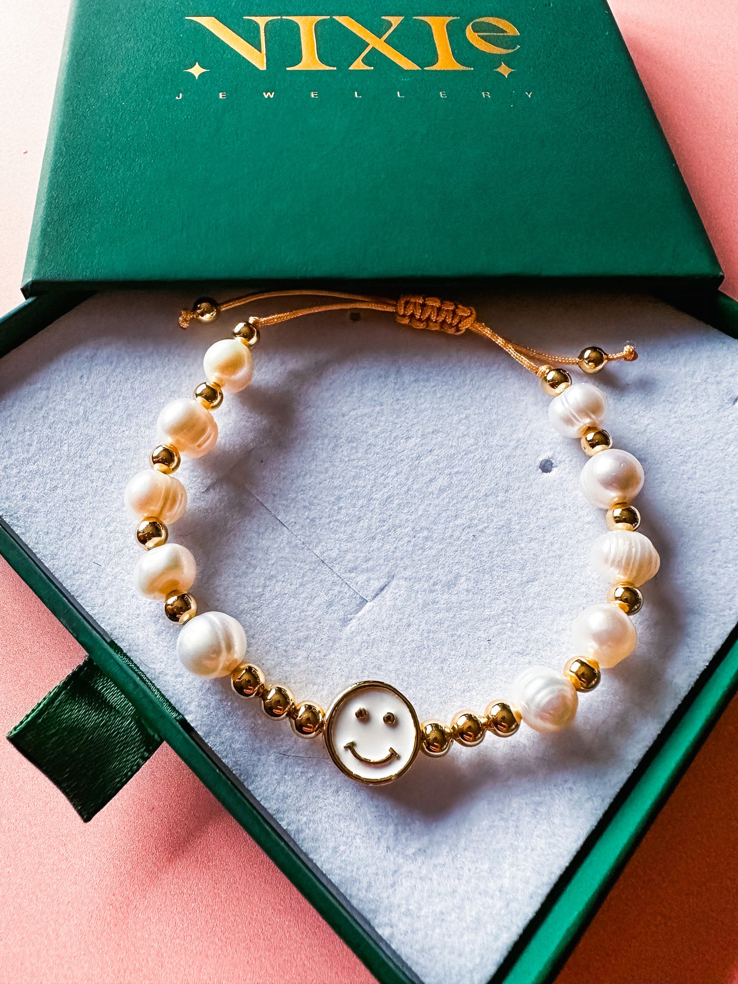 Gold Plated Beaded Faux Pearl Smiley Bracelet | Beaded Adjustable String Stacking Bracelet | Boho Hippie Cute Bracelet