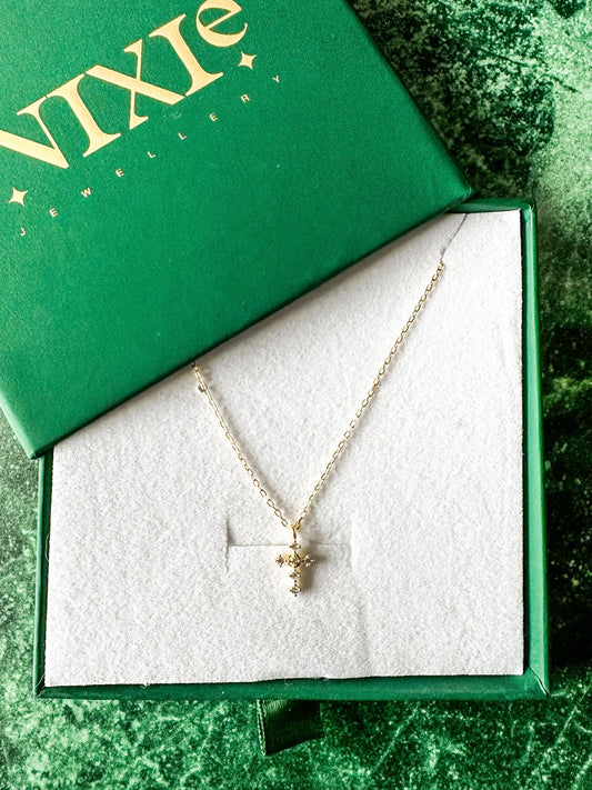 Diamond Style Cross 18K Gold Plated Sterling Silver 18" Necklace | Delicate Gold Diamond Style Necklace