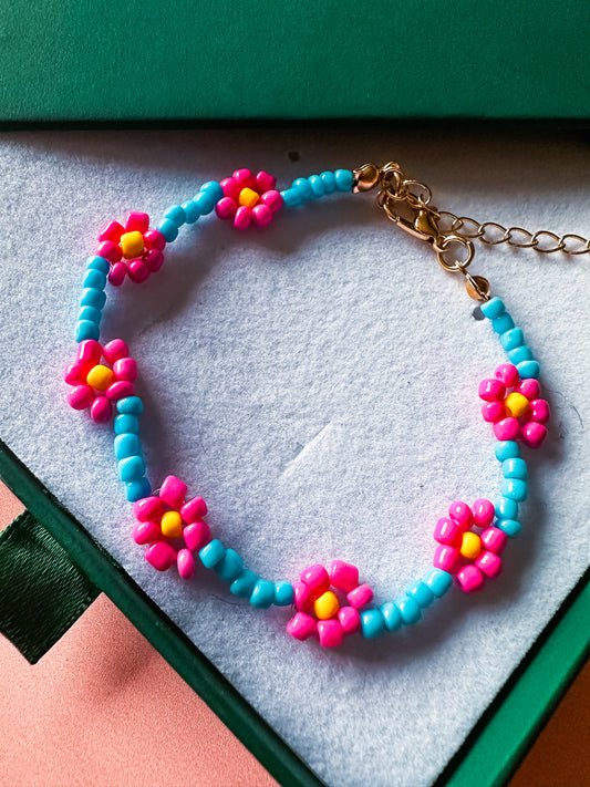 Pink + Blue Beaded Flower Bracelet | Beaded Adjustable Stacking Bracelet | Boho Hippie Cute Bracelet