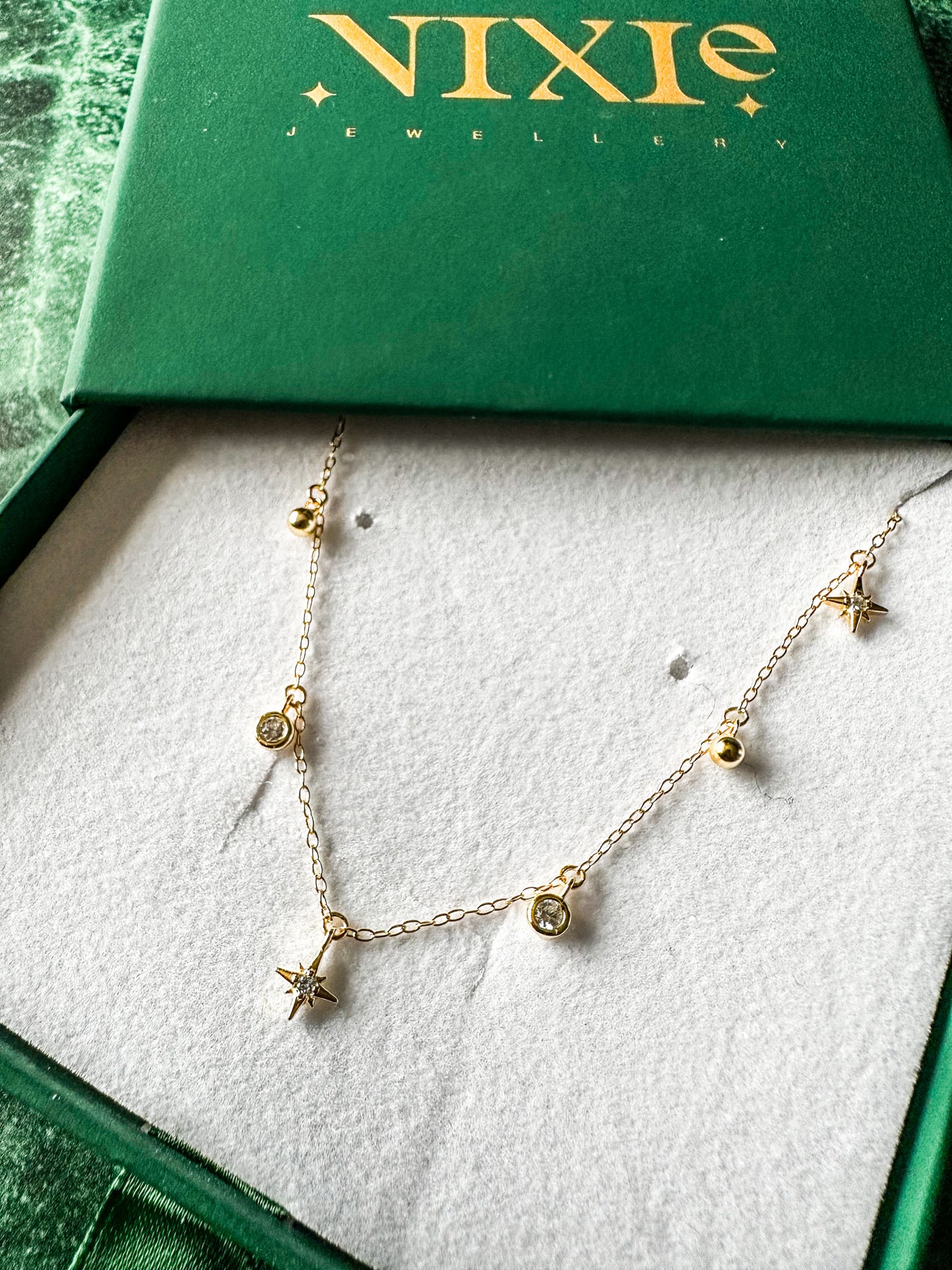 Moon & Stars Diamond Style 18K Gold Plated Sterling Silver 18" Necklace | Delicate Gold Diamond Style Necklace