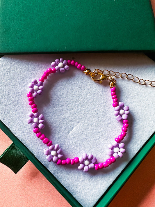Lilac + Pink Beaded Flower Bracelet | Beaded Adjustable Stacking Bracelet | Boho Hippie Cute Bracelet