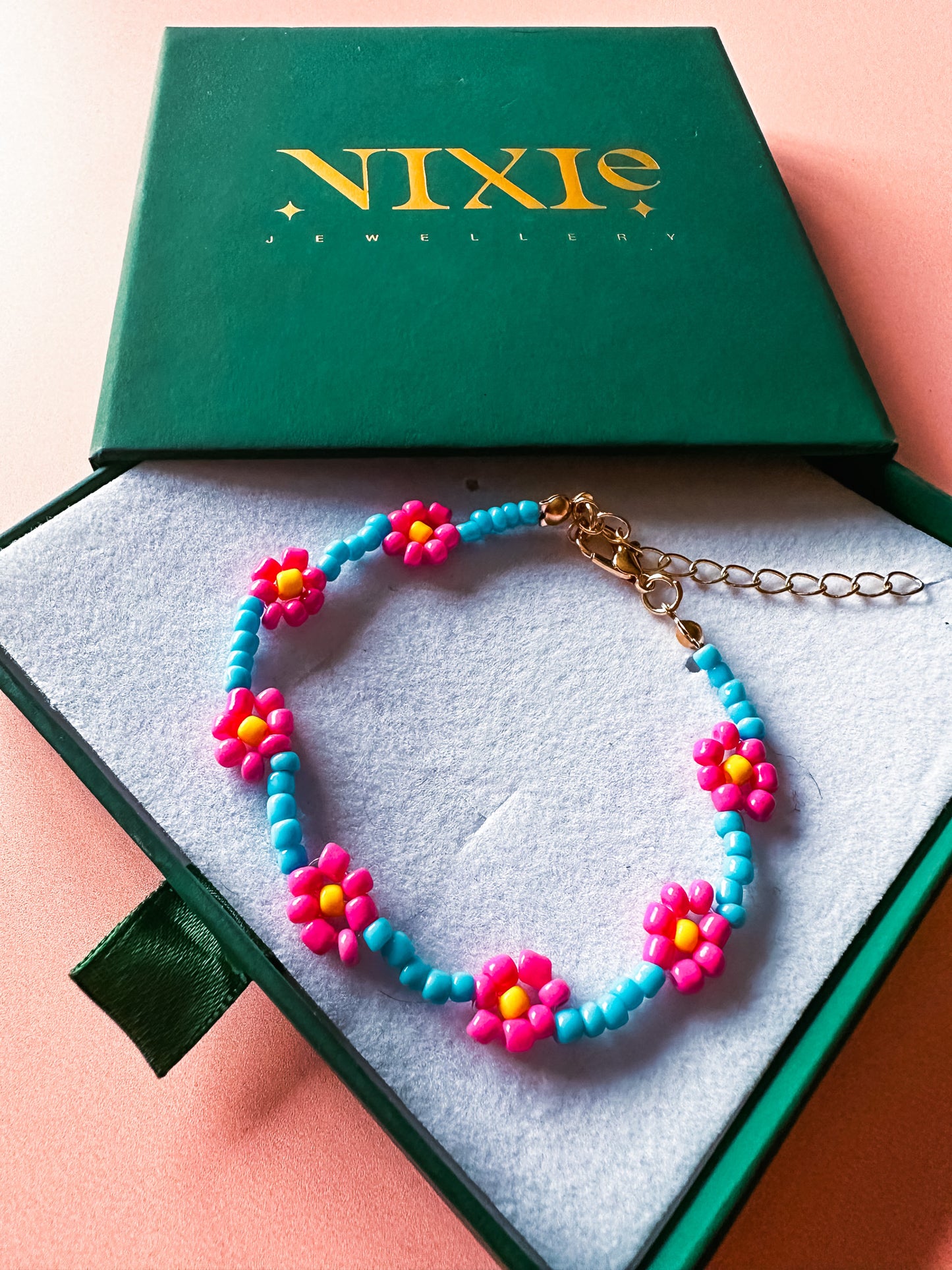 Pink + Blue Beaded Flower Bracelet | Beaded Adjustable Stacking Bracelet | Boho Hippie Cute Bracelet