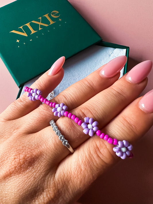 Lilac + Pink Beaded Flower Bracelet | Beaded Adjustable Stacking Bracelet | Boho Hippie Cute Bracelet